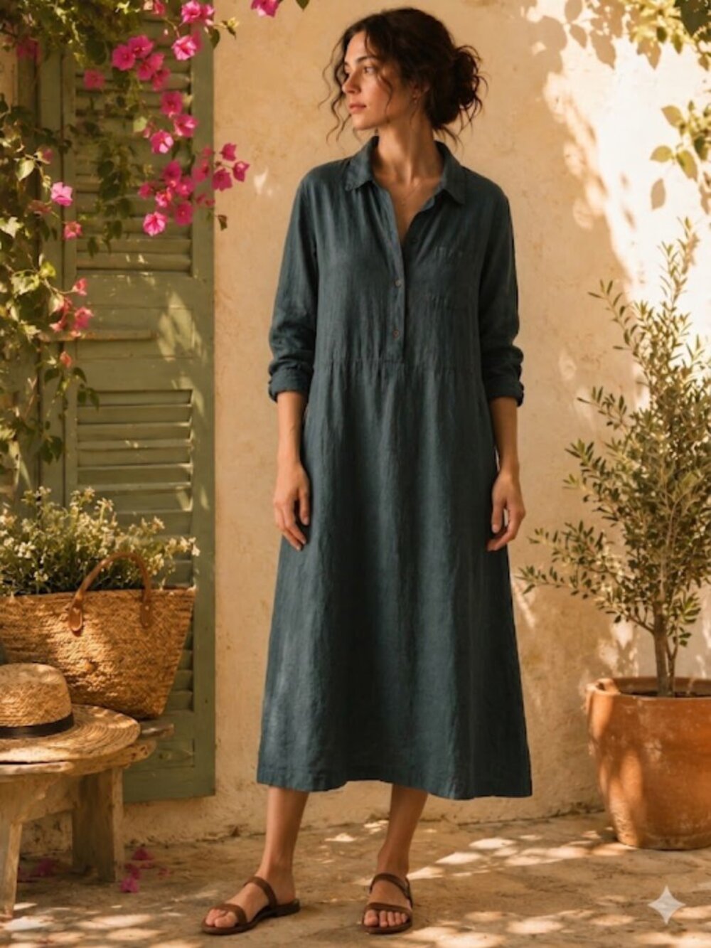RARE Vintage Match Dark Green 100% Linen Maxi Shirt Dress, Large
